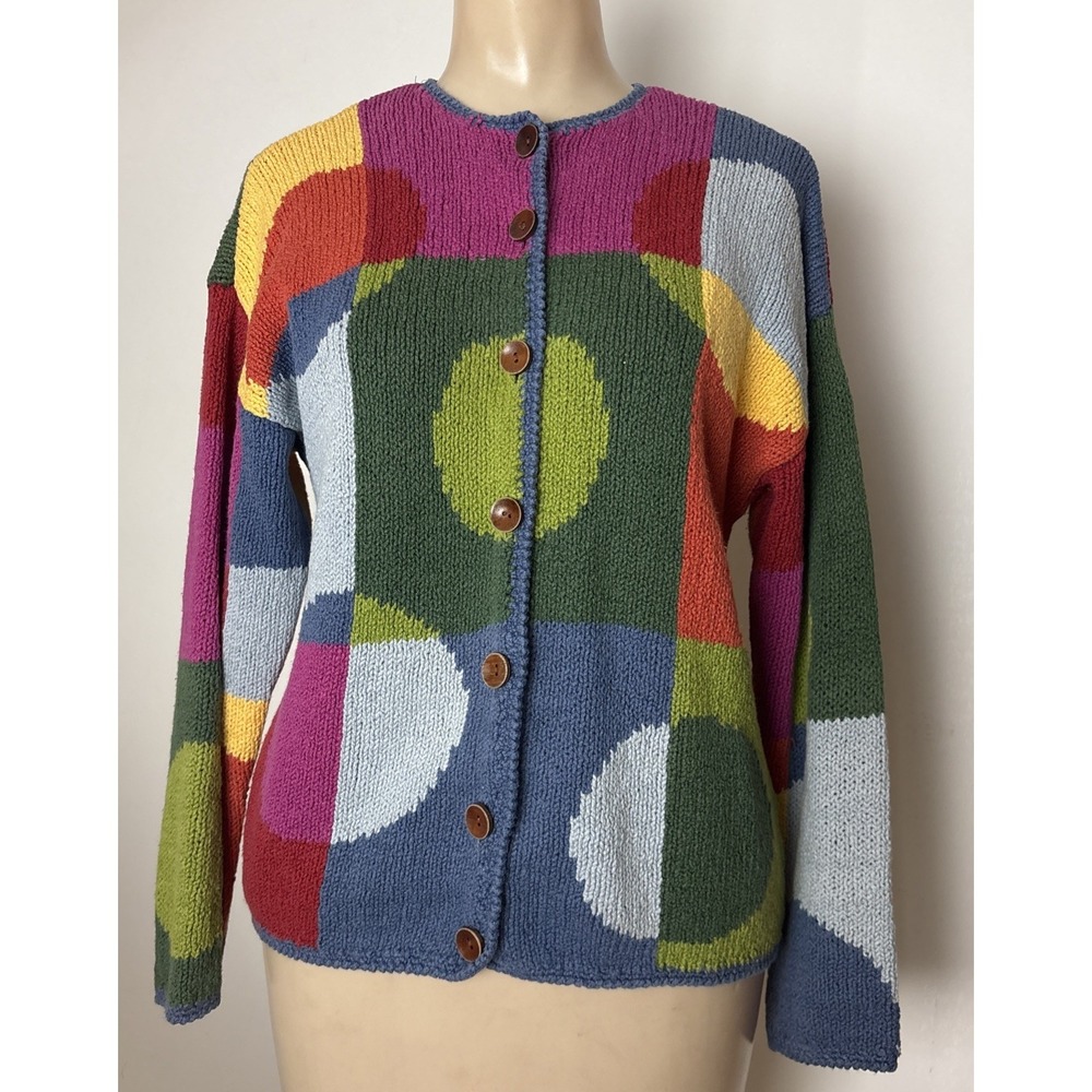 Vintage Talbots Button Up Abstract Knit Crewneck Sweater Cardigan Colorblock PS